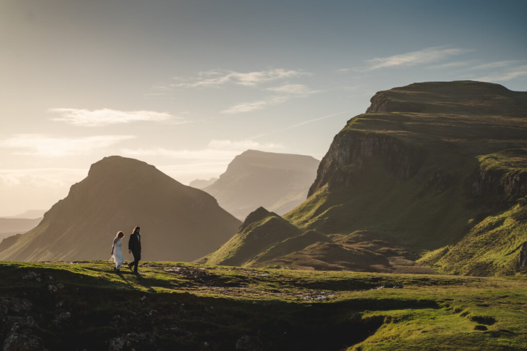 couple elope to The Quiraing on the Isle of Skye and walk across the hills.
