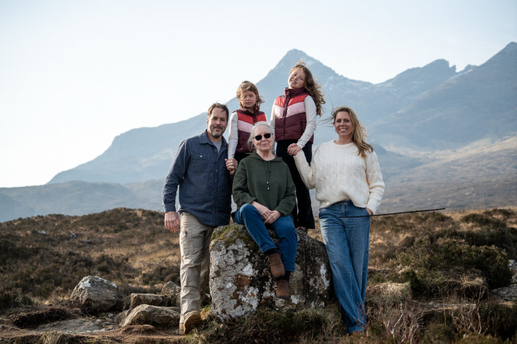 Parents and children enjoying a relaxed family photoshoot on Skye